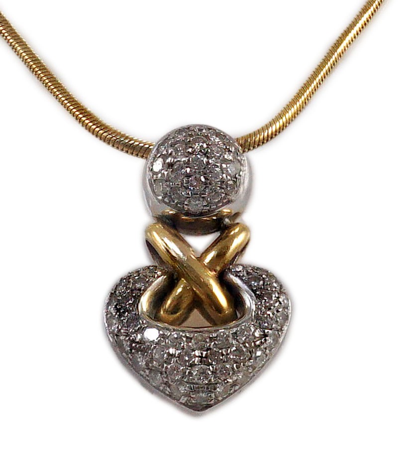 A cased modern Italian 18ct two colour gold and pave set diamond heart shaped pendant by Chimento, on an 18ct gold snake link chain